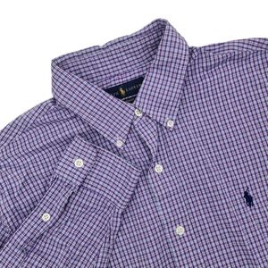 Ralph Lauren Mens L Performance Button Down Shirt Purple Blue Check Stripe Large